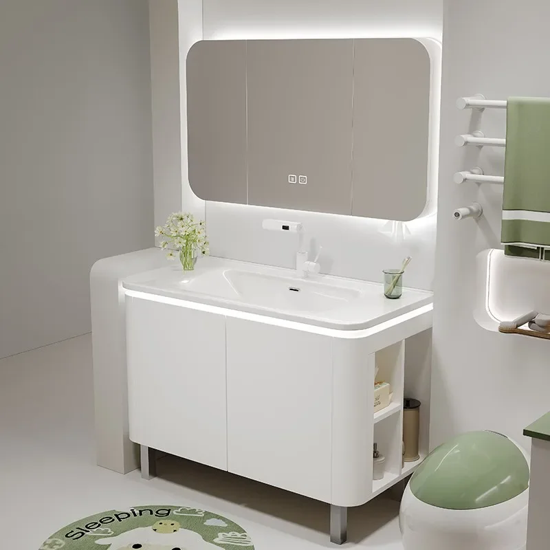 Modern White Bathroom Vanity Cabinets Side Storage Floor Bathroom Cabinet Sink Smart Ceramic Integrated Basin Bathroom Furniture