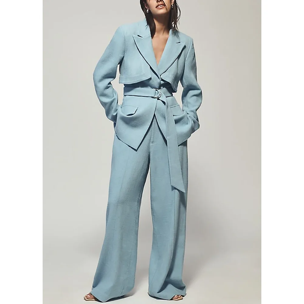 Loose Light Blue Peaked Lapel Woman 2 pcs Blazer+Trousers Chic Wide Leg Jeans Office Lady Casual Trip Party Sets