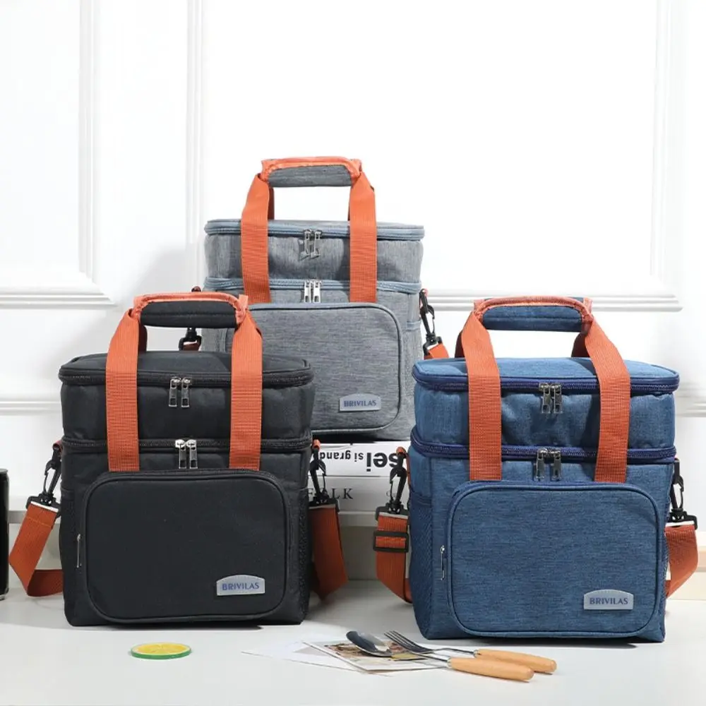 

Large Capacity Insulated Lunch Bag Lightweight Leakproof Picnic Tote Bag Handle Side Pocket Double Deck Lunch Cooler Bag