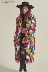 Cappotto lungo in pelliccia sintetica da donna arcobaleno colorato moda finta pelliccia di volpe autunno inverno Lady Casual Street Warm Quality 2023 Cloth