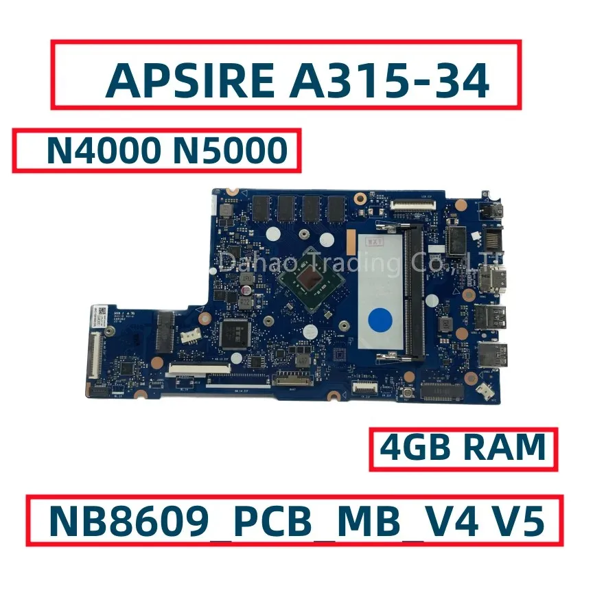 Nb8609 _ pcb_mb _ v4 v5 für acer apsire A315-34 extensa EX215-31 n19h1 laptop motherboard mit n4000 n5030 cpu 4gb-ram ddr4