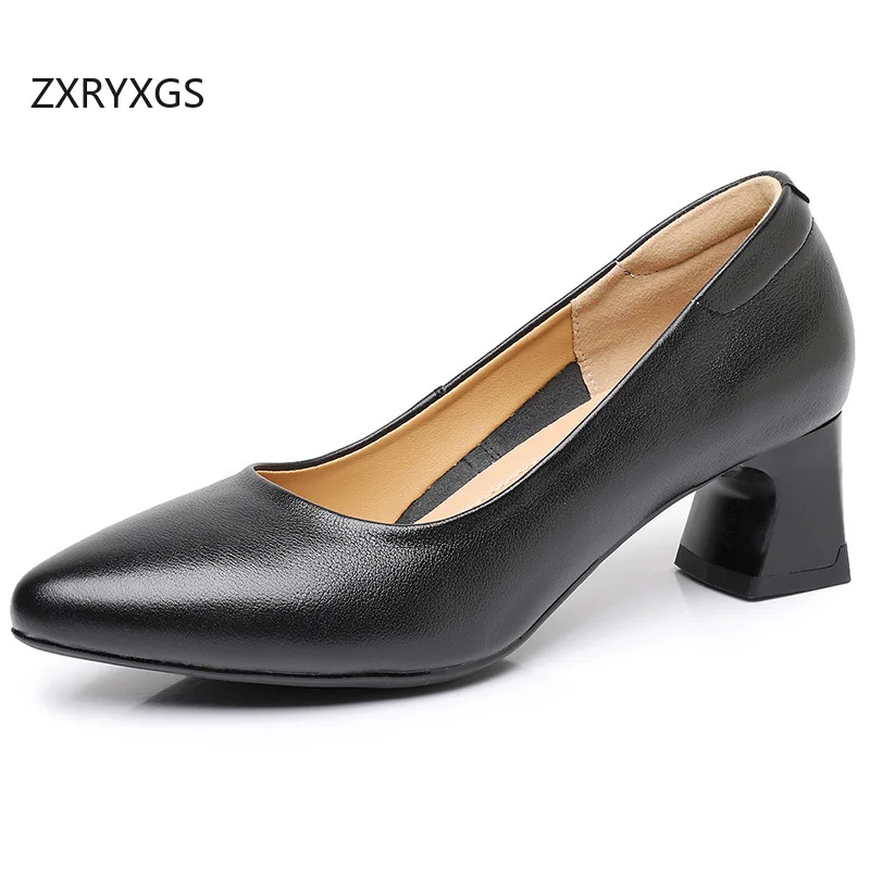 ZXRYXGS 2026 New Autumn Pointed Tip Genuine Leather Women's Middle Heel Shoes Women's Office Work Banquet Shoes Shoes Size 32-43