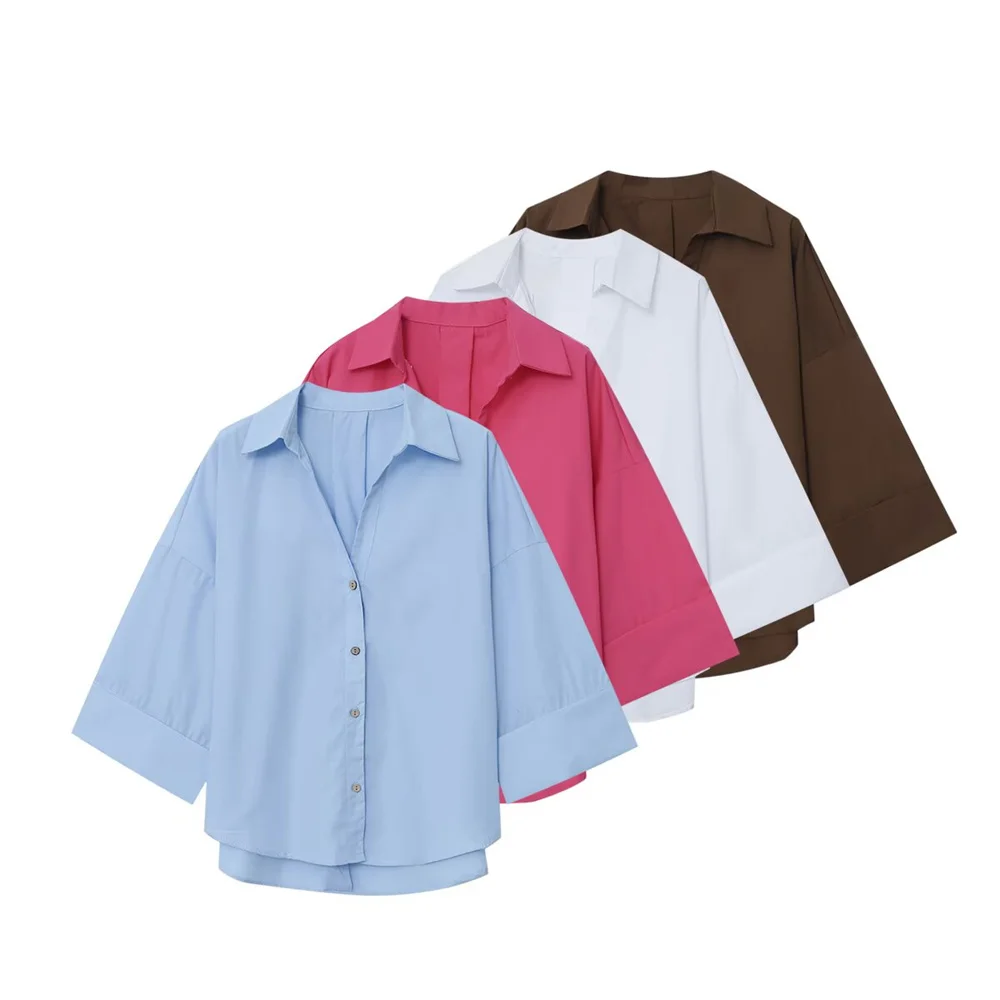 قميص نسائي ذو طية صدر السترة بأكمام خمسة أرباع مزين بصدر واحد للصيف، قميص كاجوال بأكمام واسعة