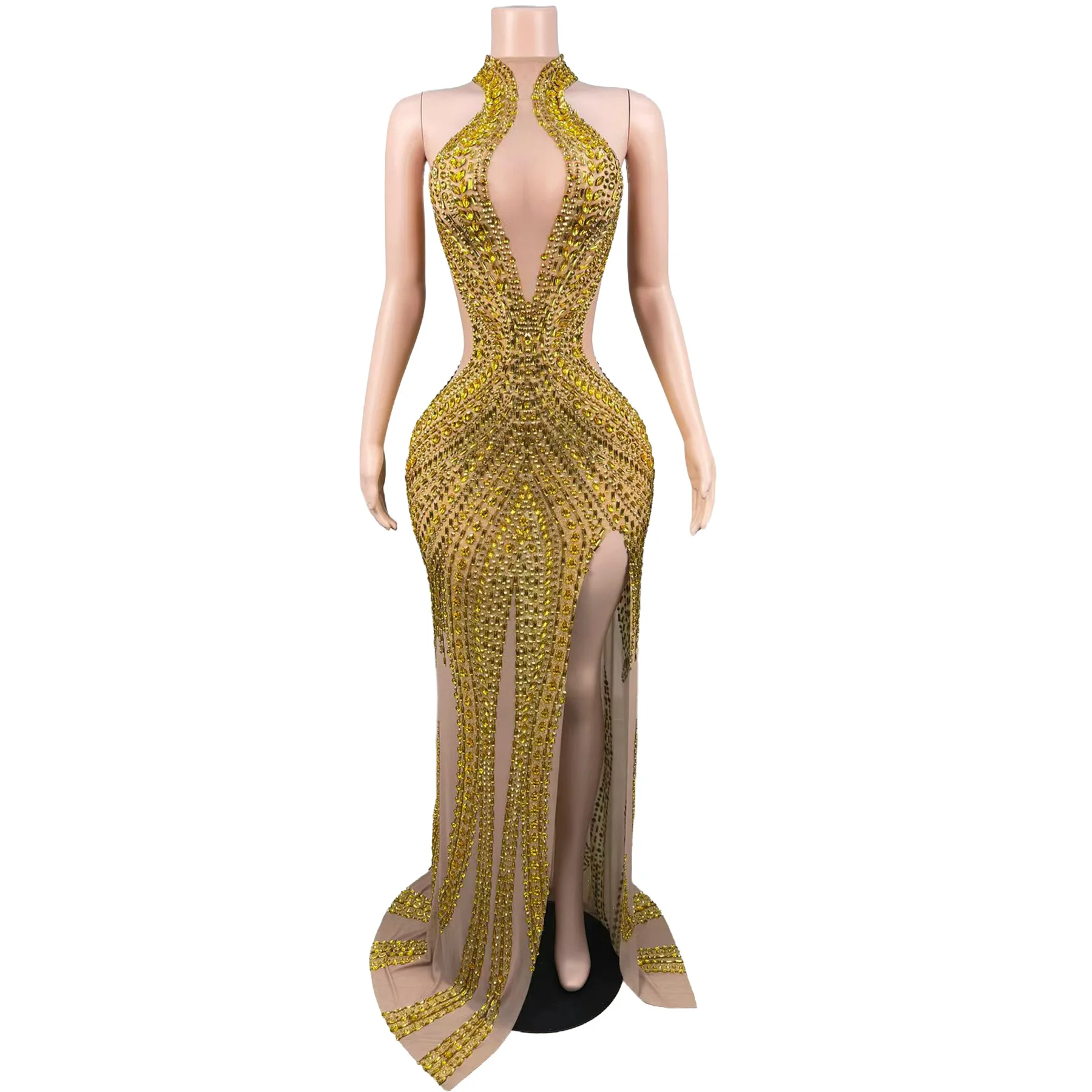 Jinchan Gold Rhinestone Mermaid Evening Gown High Neck Deep Cutout Sheer Mesh High Slit Long Party Dress