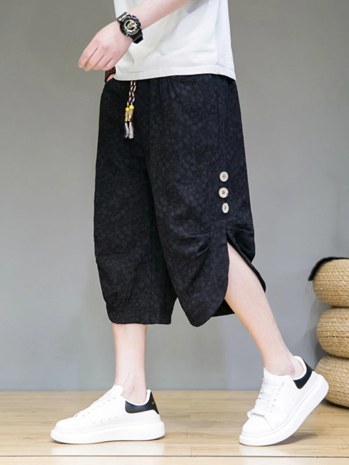 

Casual Pants Retro Chinese Style Men's Breasted Straight Sports Loose Antique Jacquard Loose Large Size Non-Elastic Beach Shorts