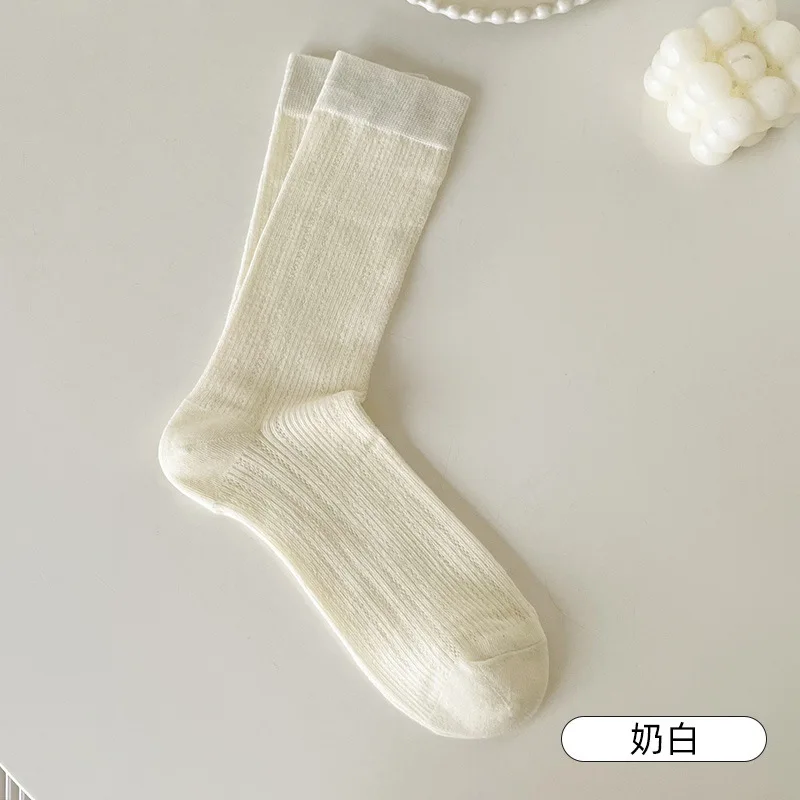 1Pair Women Thin Hollow Out Long Loose Socks JK Lolita Sweet Girls Japanese Solid Color Breathable Cotton Spring Summer Stocking