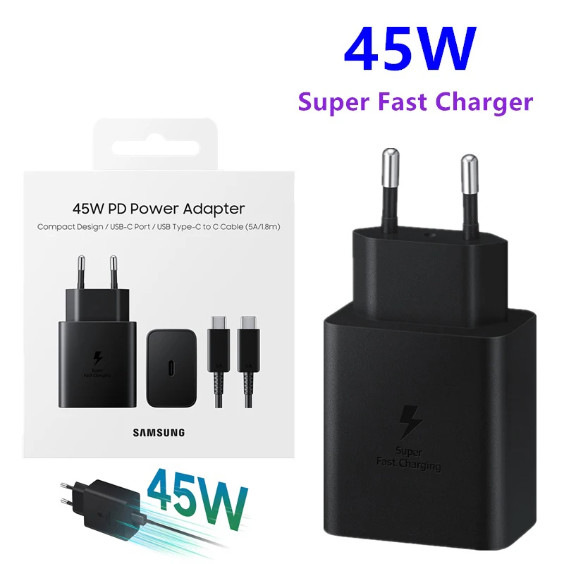 EU/US Samsung 45W PD PPS Super Fast GaN Charger EP-T4510 For GALAXY Note 20 Ultra S10 Plus S23 S24 FE A55 +1.8M USB C to C Cable