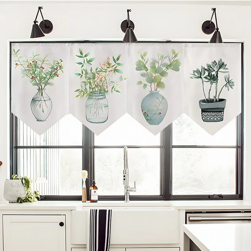 VIKAMA Green Eucalyptus Vase Triangle Curtain, 6 Designs, Doorway Decor for Bedroom Living Room Kitchen