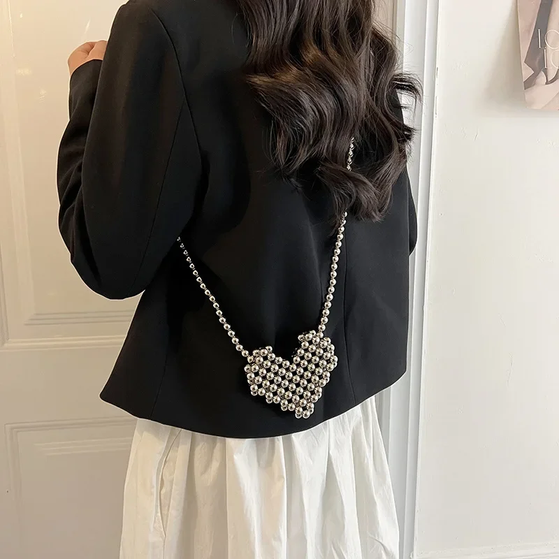 Handwoven Pearl Summer Silver Black Splice Beaded Chain Crossbody Bag for Woman New Fashion INS Love Design Mini Lipstick Wallet