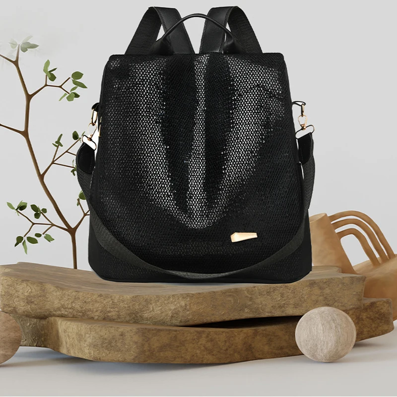 Mochila escolar de lantejoulas preta para estudante, versão coreana, grande capacidade, casual, vertical, quadrada, mochila feminina ao ar livre, nova tendência