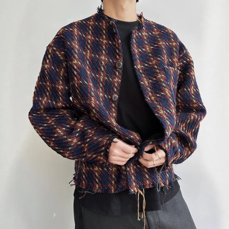 KIDWHXR Man Spring Autumn Shirts Coat Retro Plaid Round Neck Male Shirts Single-breatsed Long Sleeve Men Loose Casual Outerwear