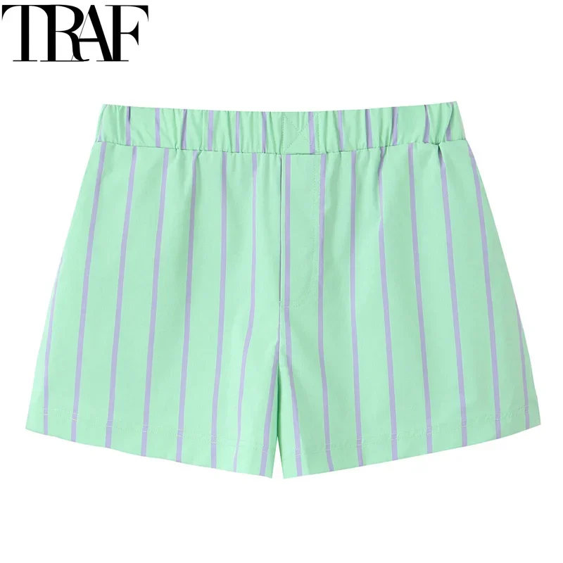 

TRAF Boxer Striped Shorts Women Mid Rise Casual Baggy Shorts Summer Green Loose Women's Shorts Slit Beach Mini Short Pants