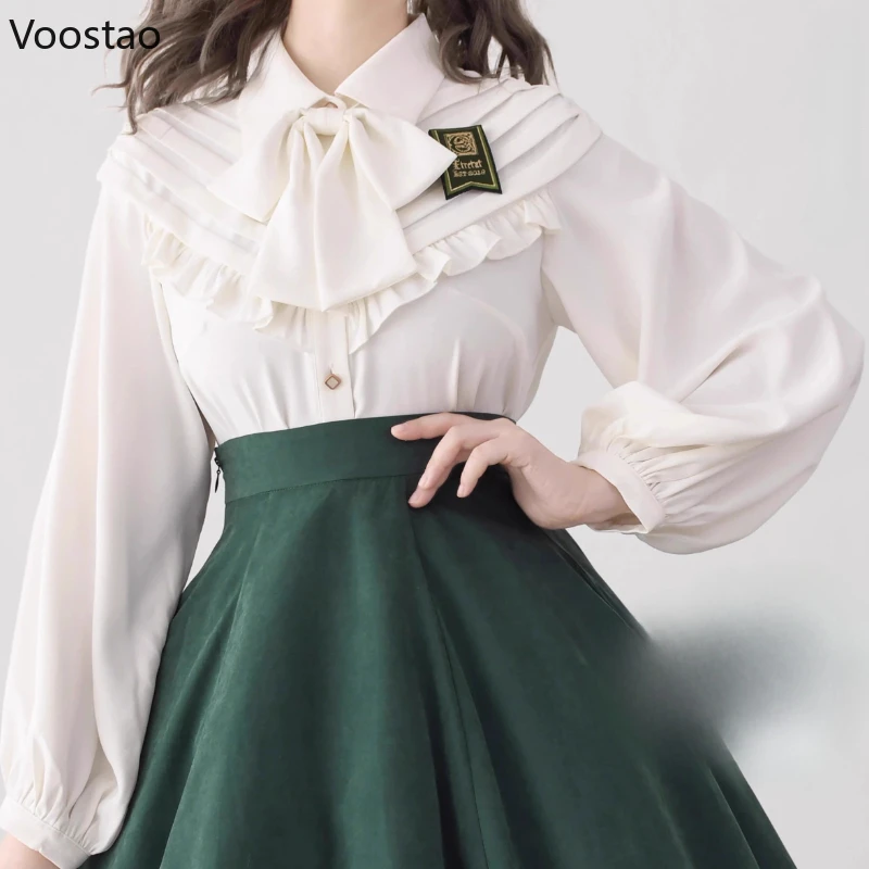 Victorian Vintage Lolita Style Shirt Women Classical Elegant Bow Ruffles Long Sleeve Cute Blouse Female Casual Sweet Tops Blusas