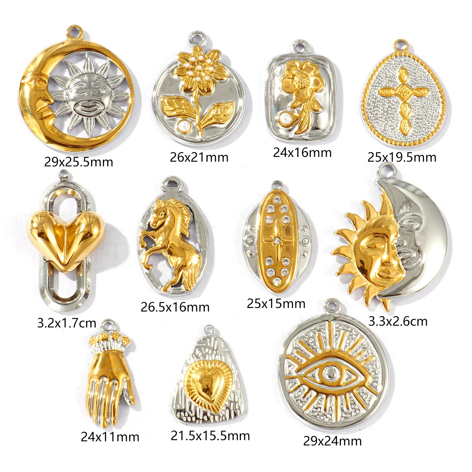 2pcs Stainless Steel Charms Two Tone Heart Flower Galaxy Round Sun Moon Pendants DIY Necklace Earrings Women Jewelry Findings
