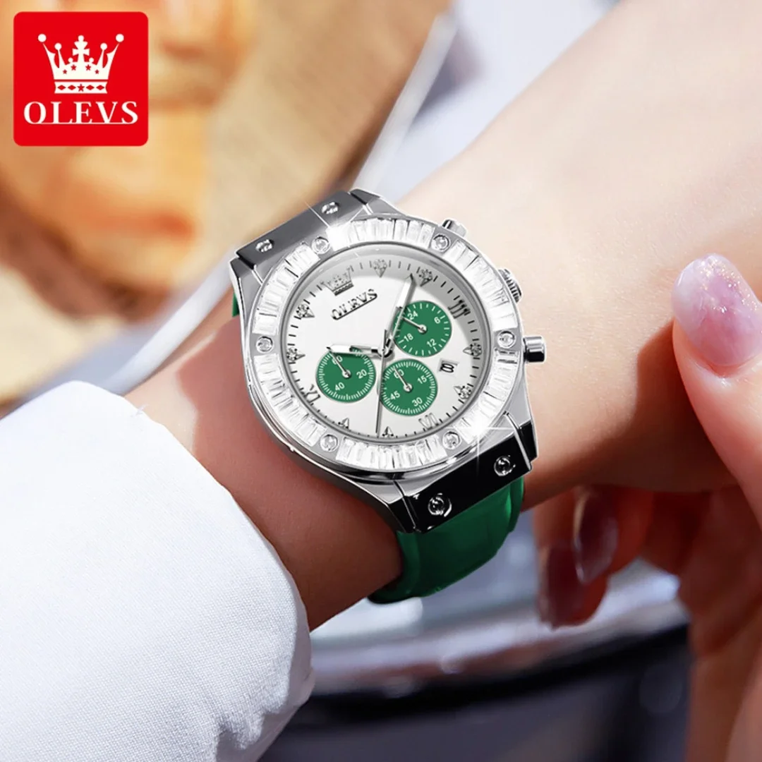 OLEVS-reloj de cuarzo con correa de cuero genuino, cronógrafo con esfera redonda y calendario, a la moda, 9978