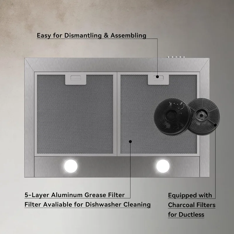 Hermitlux-キッチン用ステンレス鋼ベントフード、30インチ、壁掛け、チャコールフィルター、ダクト付きまたはダクトレスコンバーチブル