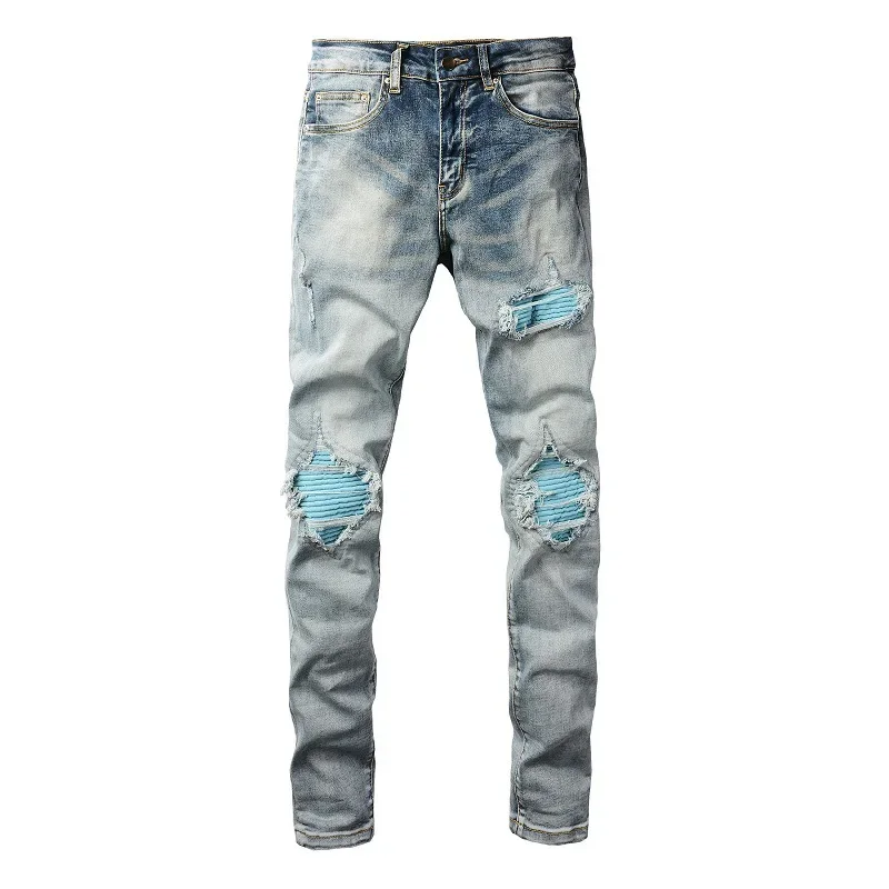 Pop High Street European And American Streetwear. New Men's Eye-catching Blue Patched Slim-fit Jeans With Holes For 2024.