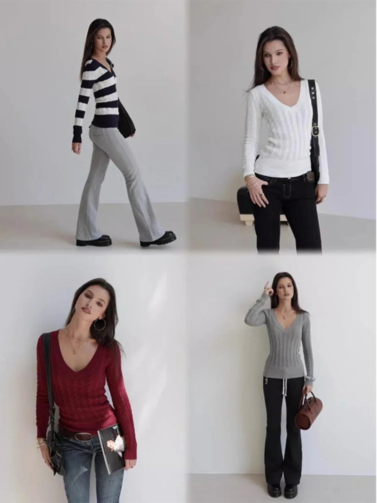 

Retro Twist Knitted Base irt Long Sve V-Ne Women's Slim Fit Sli Korean Sle Early Autumn Inner Wear Top