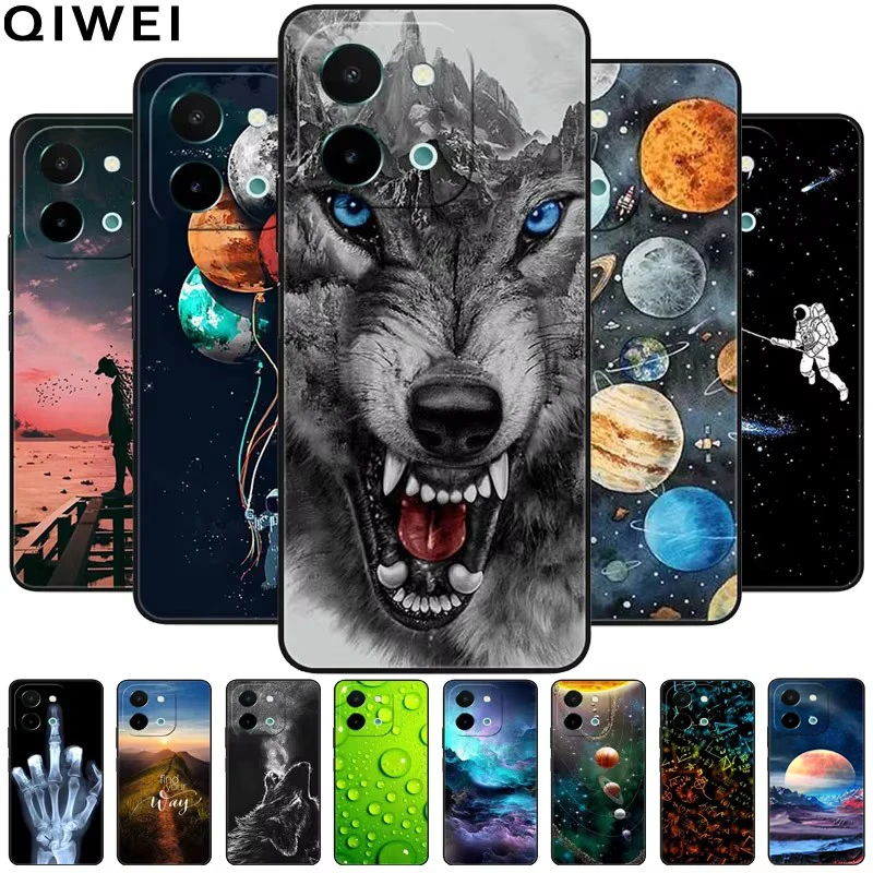 For Vivo Y28 4G Case 6.68'' Black TPU Silicon Cartoon Protection Cover for VivoY28 Y 28 4G Shockproof Capa Wolf Animals Soft Bag