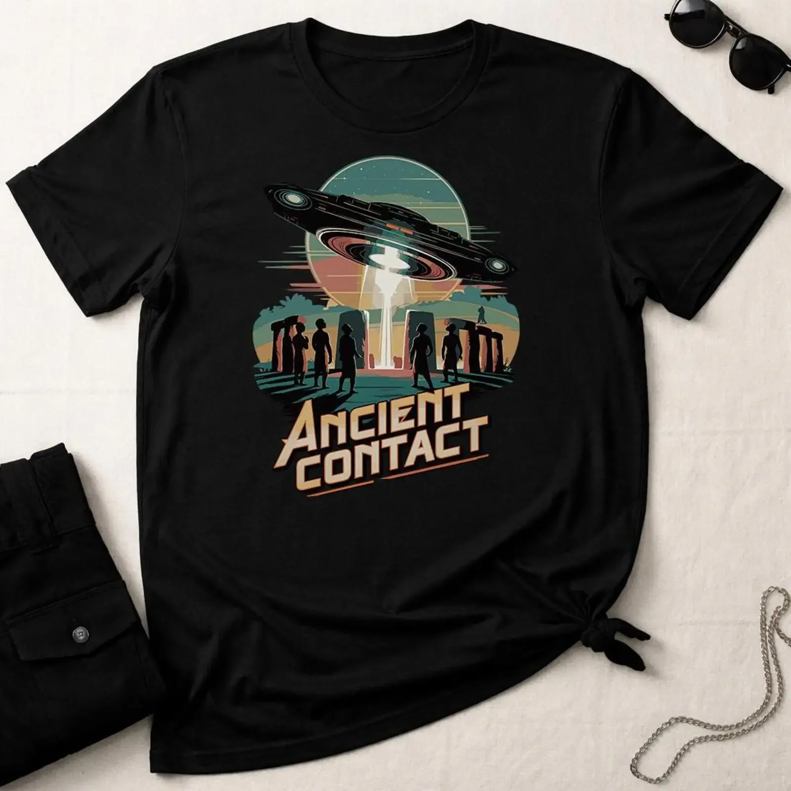 Ancient Contact T Shirt UFO and Stonehenge Sci Fi Design Alien Encounter   vintage Washed streetwear Stretched Comfortable
