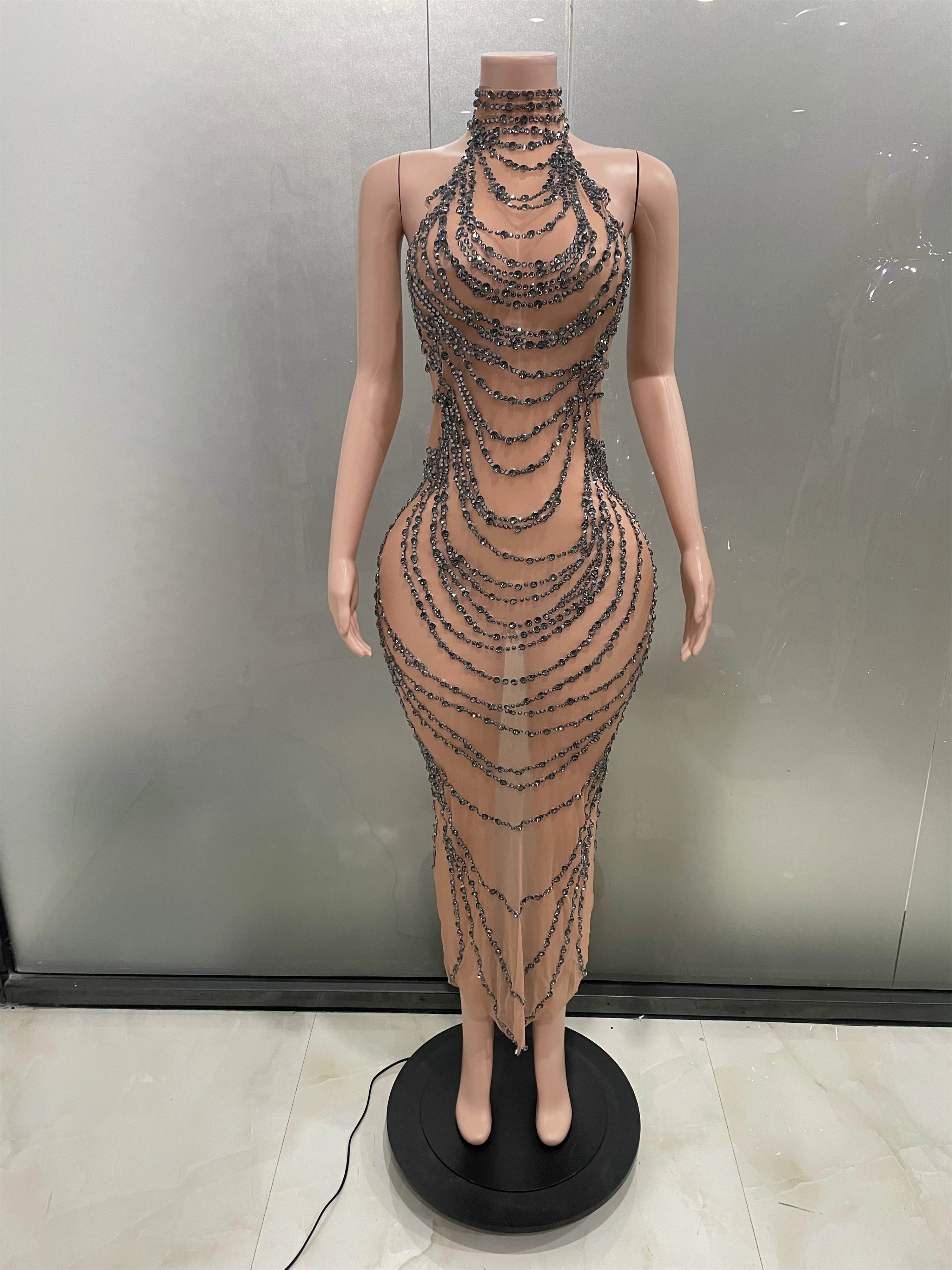 Sexy Luxury Sparkly Gold Rhinestone Transparent Mesh Long Dress Women Birthday Party Gown Stage Singer Performance Show Costume