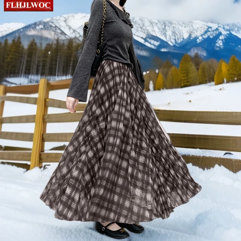 

Длинные макси-юбки, новогодние романтические женские FLHJLWOC, милые японские девушки с высокой талией, винтажная клетчатая юбка в стиле сельской деревни в стиле ретро