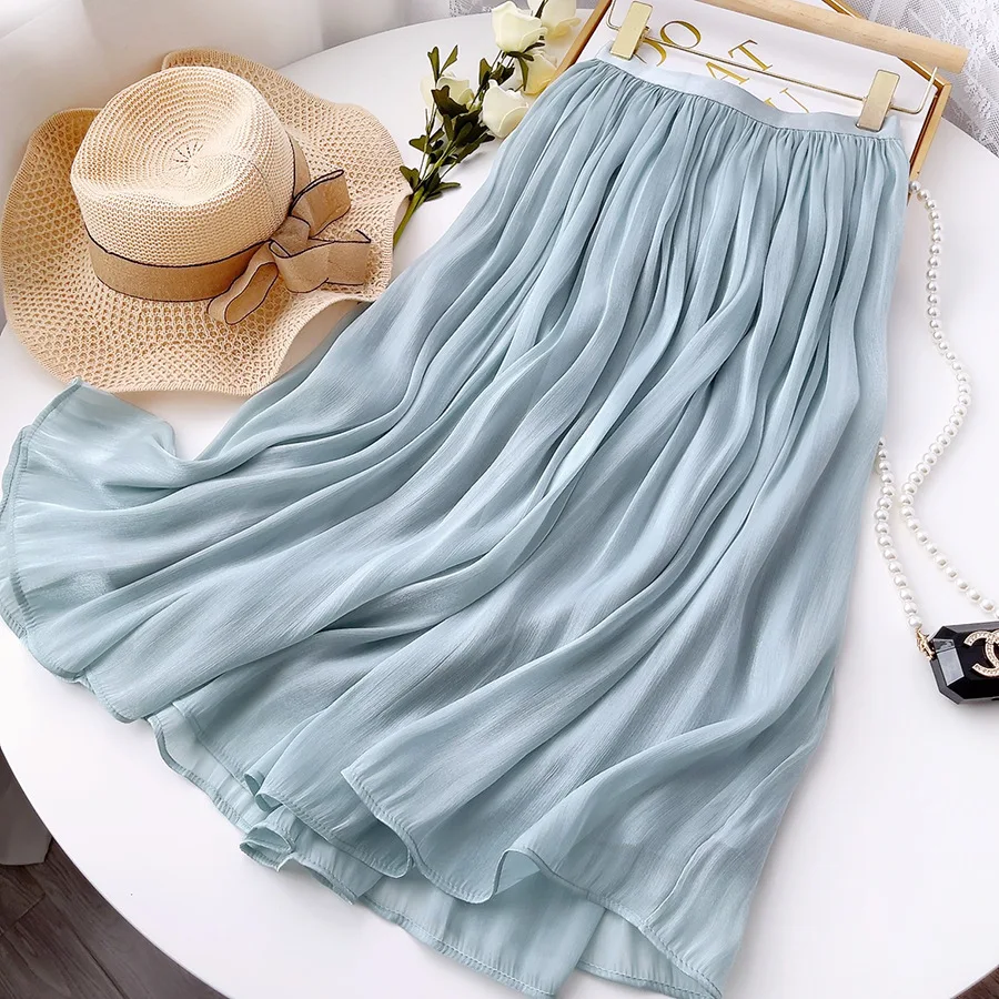 Mercerized Organza Fabric Mid-length A-line Skirt High Street Draped Flowy Skirt for Women Summer