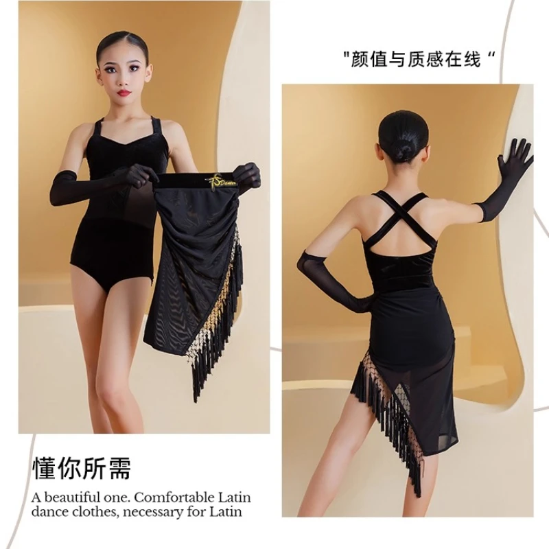 زي رقص لاتينا للفتيات: قميص تدريب بأكمام وتنورة مهدبة، بدلة فرقة من الدرجة السوداء للأطفال #5