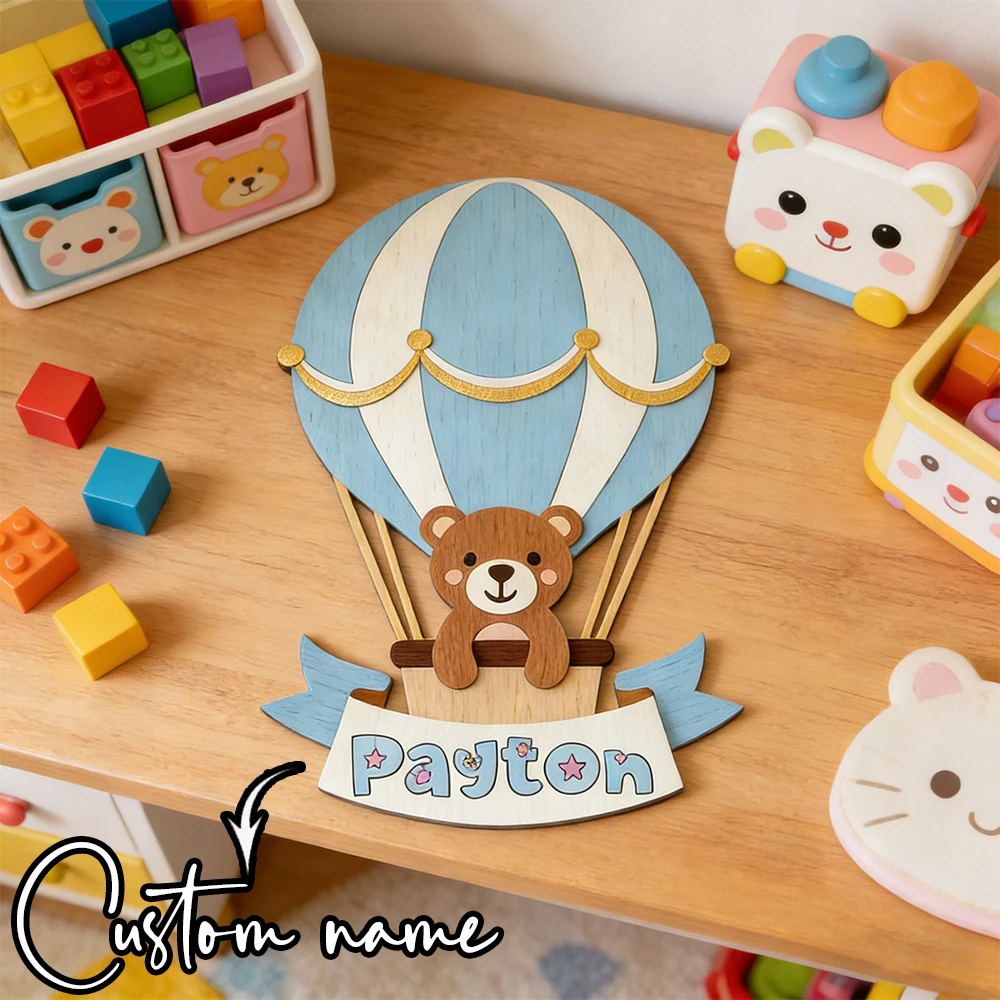Custom Bear Hot Air Balloon Wooden Name Sign Banner Plaque Neutral Boy Nursery Wall Table Decor Newborn Bedroom Keepsake Gift