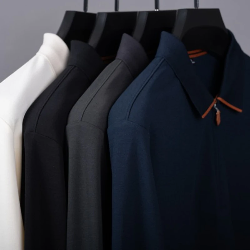Cotton Blend Zip-Up Polo Shirt - Navy Blue with Orange Trim  Moisture-Wicking Athletic Style Business Casual Long-sleeved Shirt