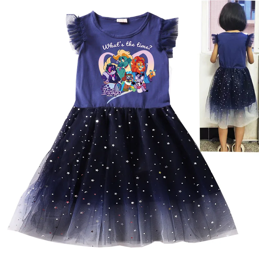 New Indigo Park Kids Dress for Girls Summer Cartoon Clothes Sleeveless Mesh Princess Dresses Baby Flower Birthday Party Vestidos