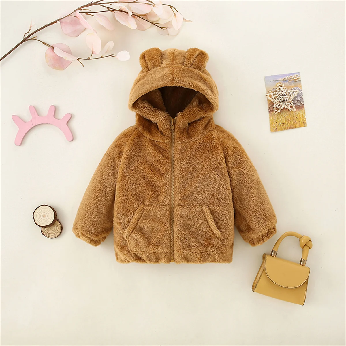 Winter Children\'S European And American Style Warm Coat Baby Fleece Cute Ear Hooded Zipper Shirt Toddler Simple Jacket