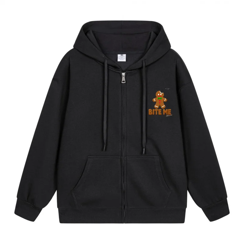

Men's Zip-Up Hoodie Black Hoodie A Gingerbread Man With Bite Me Text On Hoodie Christmas in 2025 Festive Print