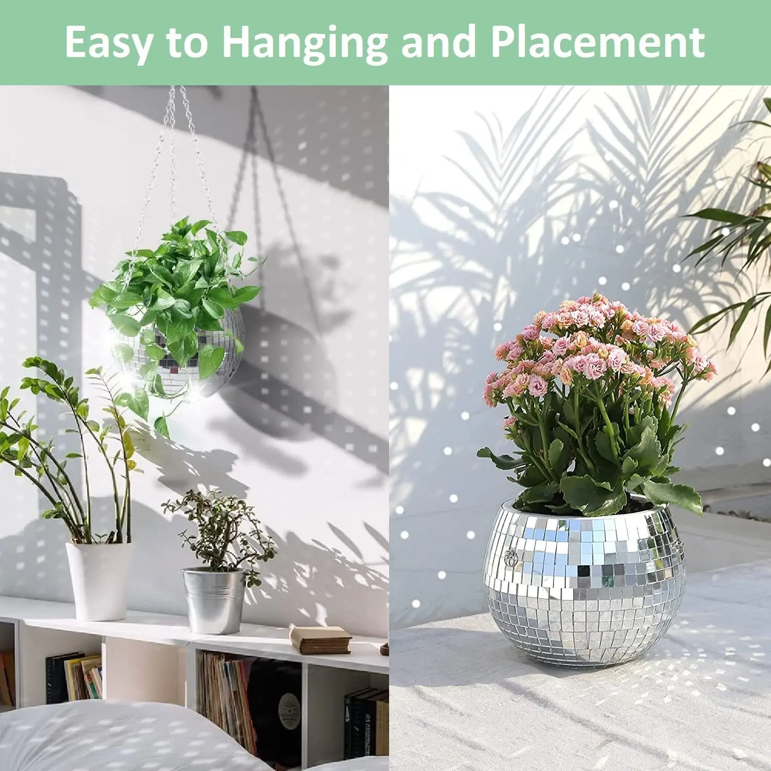 Disco-Spiegelkugel Hängender Blumentopf Sukkulenten-Pflanzgefäß für Innen- und Gartenbereich Wanddekoration Vase mit Holzring-Kette – Detail 2