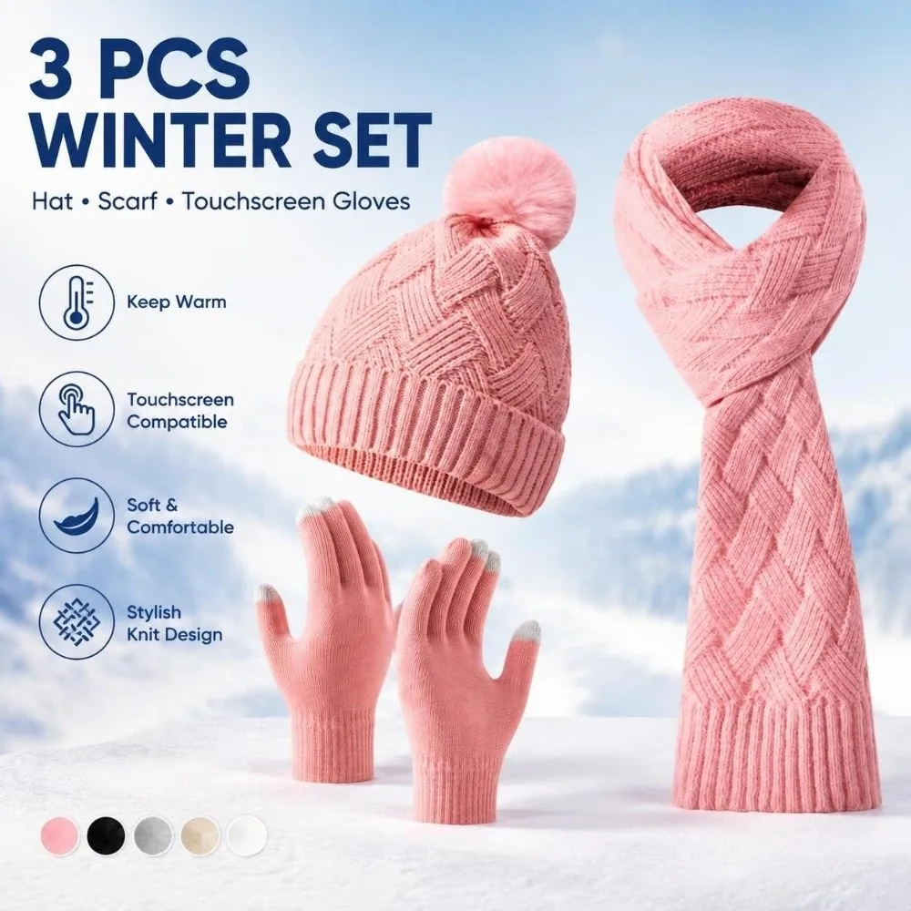 3Pcs/Set Warm Winter Hat Scarf Gloves Set Knitted Thicken Scarf Neck Warmer Suit Elastic Touchscreen Touchscreen Gloves Unisex