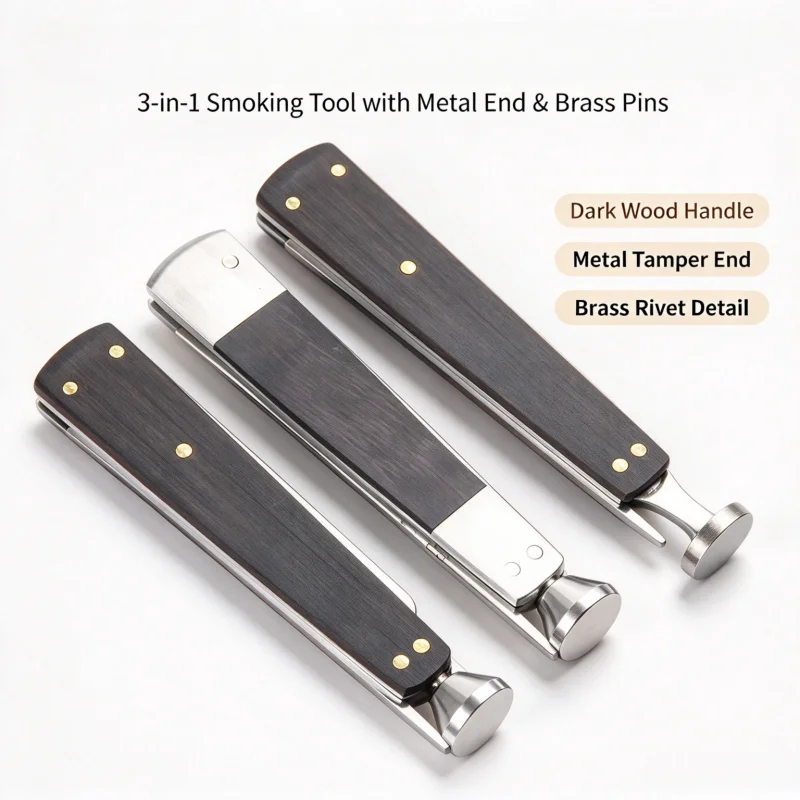 Universal 3-in-1 Pipe Maintenance Tool Polished Stainless Steel Wood Grip Reamer Tamper Portable Gear for Pipe Smokers