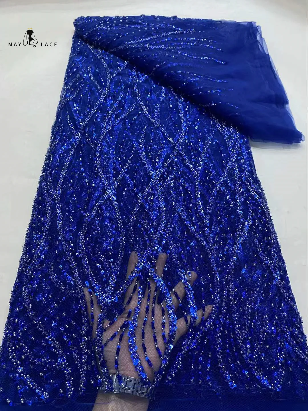 

Blue African Sequins Lace Fabric 5 Yards 2025 High Quality French Nigerian Groom Lace Fabrics For Sewing Dresses Wedding Party