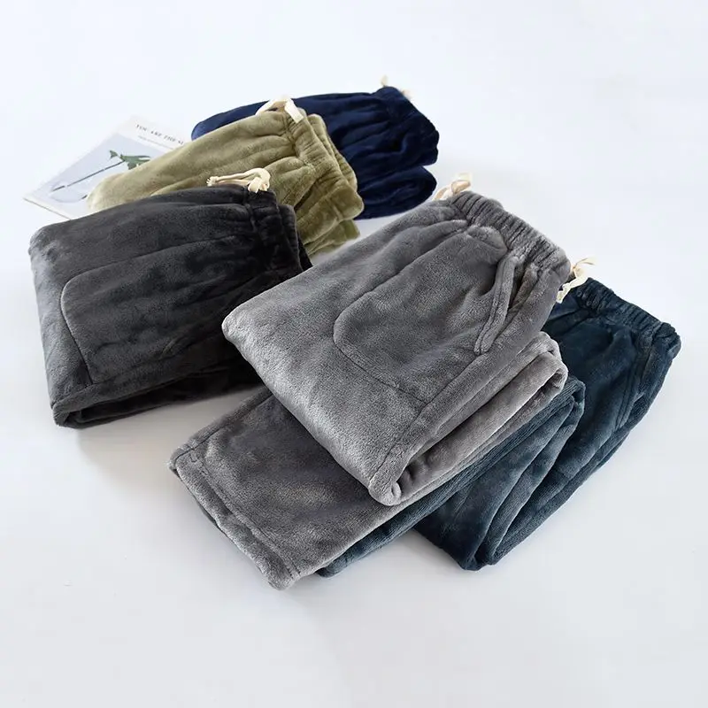 

Thickened Pajama Pants Men's Flannel Extended Warm Loose Large Size Straight Flat Coral Fleece Home Pants Trousers