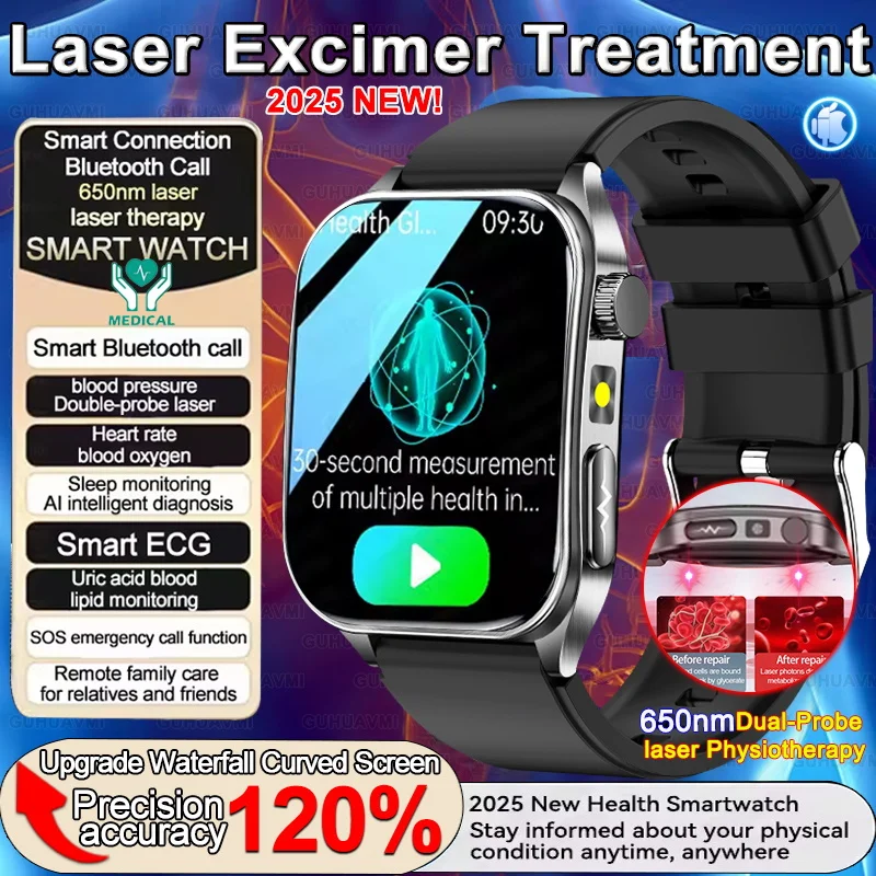 

2025New Health conditioning Dual probe 650nm Laser Therapy ECG Smart Watch Urci Acid Blood Fat Blood Pressure Heart Rate Watches