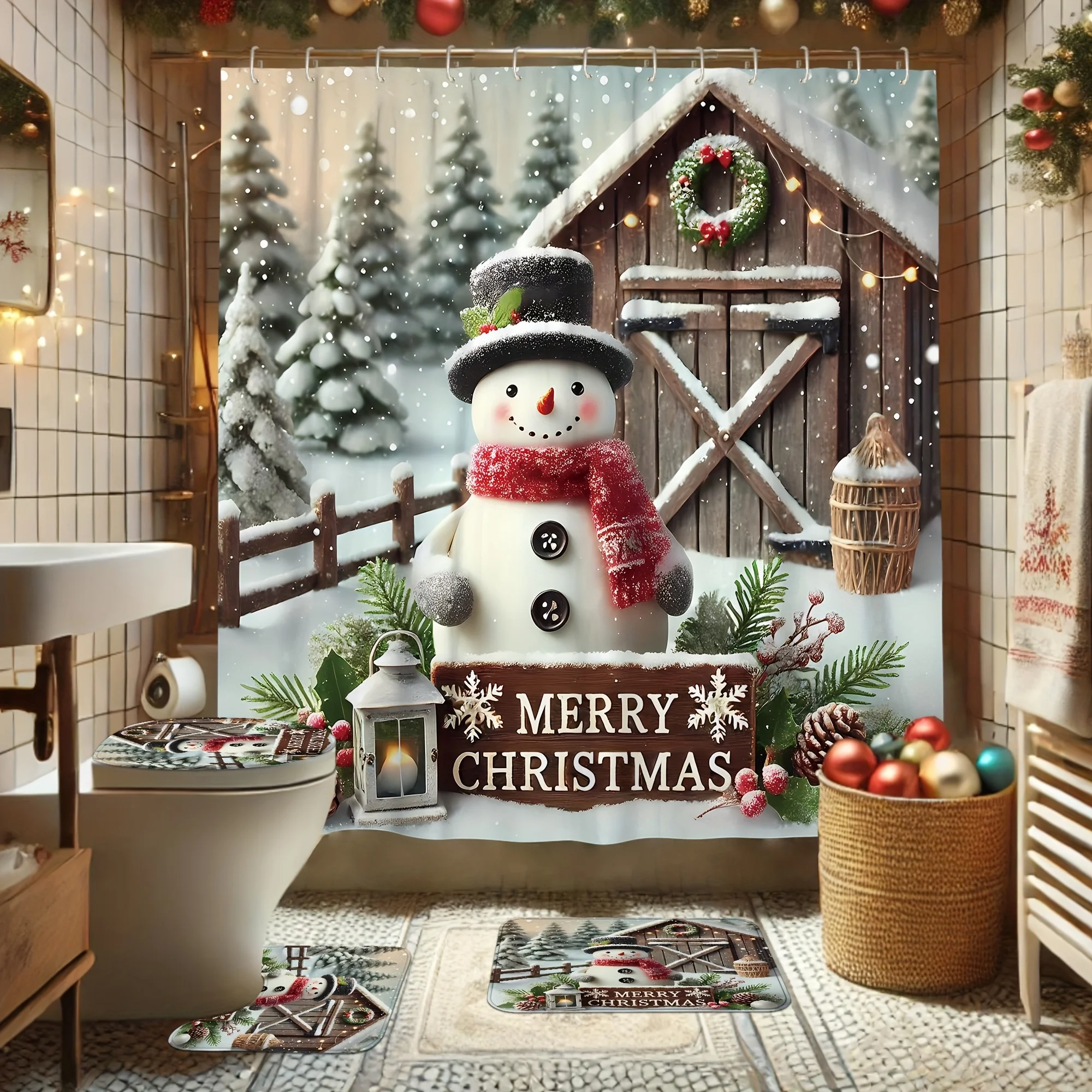 4Pcs Xmas Bath Set, Snowman & Pine Wreath, Red White Curtain, Holiday Decor, 12 Hooks, Non-Slip U-Shaped Toilet Cover