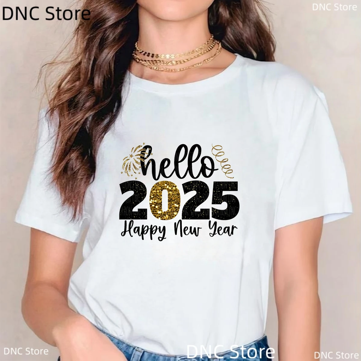 New Year Clothes 2025 Fashion Women'S Clothing Tshirt Christmas Tshirt New Year Gift Clothing Hello 2025 Clock Pattern Top