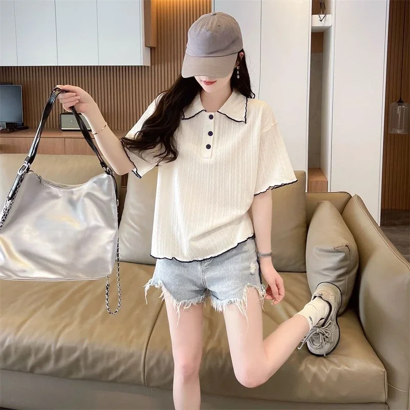 

Summer Outfit Woman Tshirt Baggy Polo Neck T Shirt for Women Basic Youthful Elegant Korean Clothing Luxury Pulovers Casual Tops