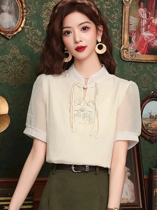 Elegant Chinese Style Short Sleeve Embroidered Chiffon Shirt Women's Summer Fashionable Stand Collar Button up Top