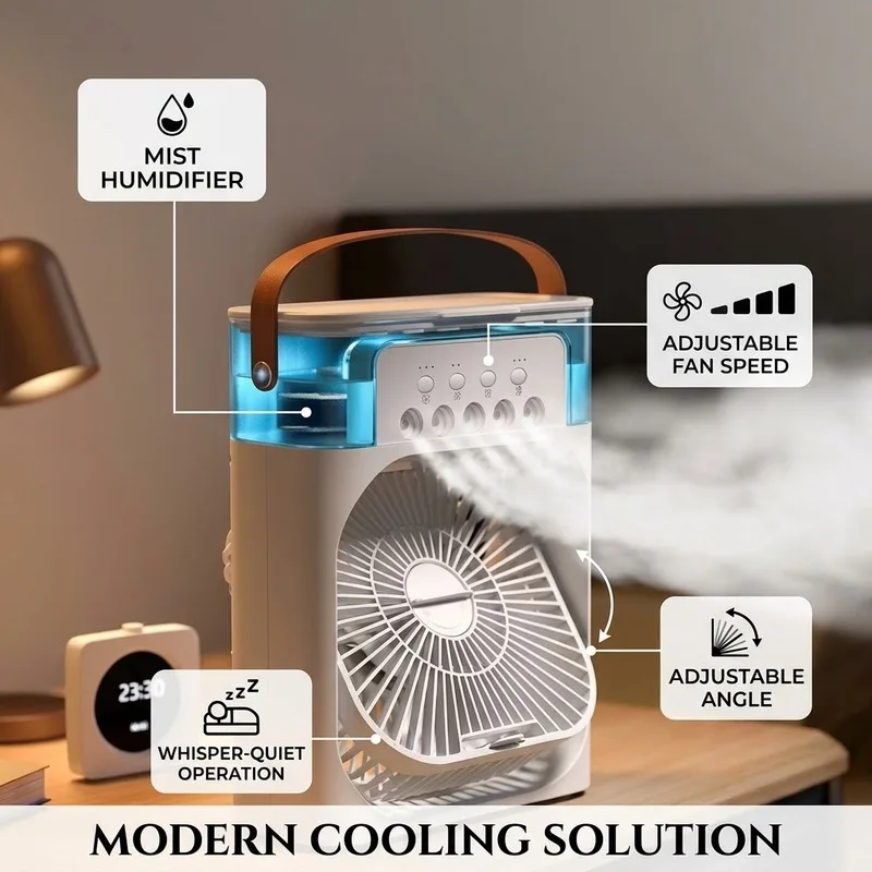 3‑in‑1 Portable Mini Air Cooler Fan Humidifier with LED Night Light Adjustable Wind for Home Office Household Use