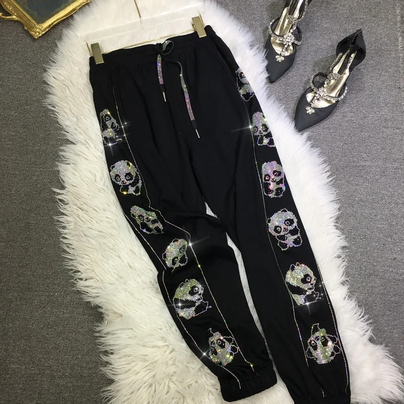 Cute Panda Hot Drilling Women Sweatpants Autumn Winter Casual Harem Pants Drawstring Elastic Waist Streetwear Sports Pants 2024