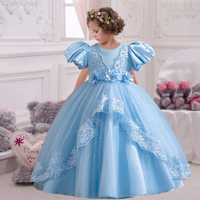 Girl's Pearl Bubble Sleeves Princess Dress 4-12 Years Old Fashionable Flower Lace Satin Dress Birthday Wedding Flower Girl Dress