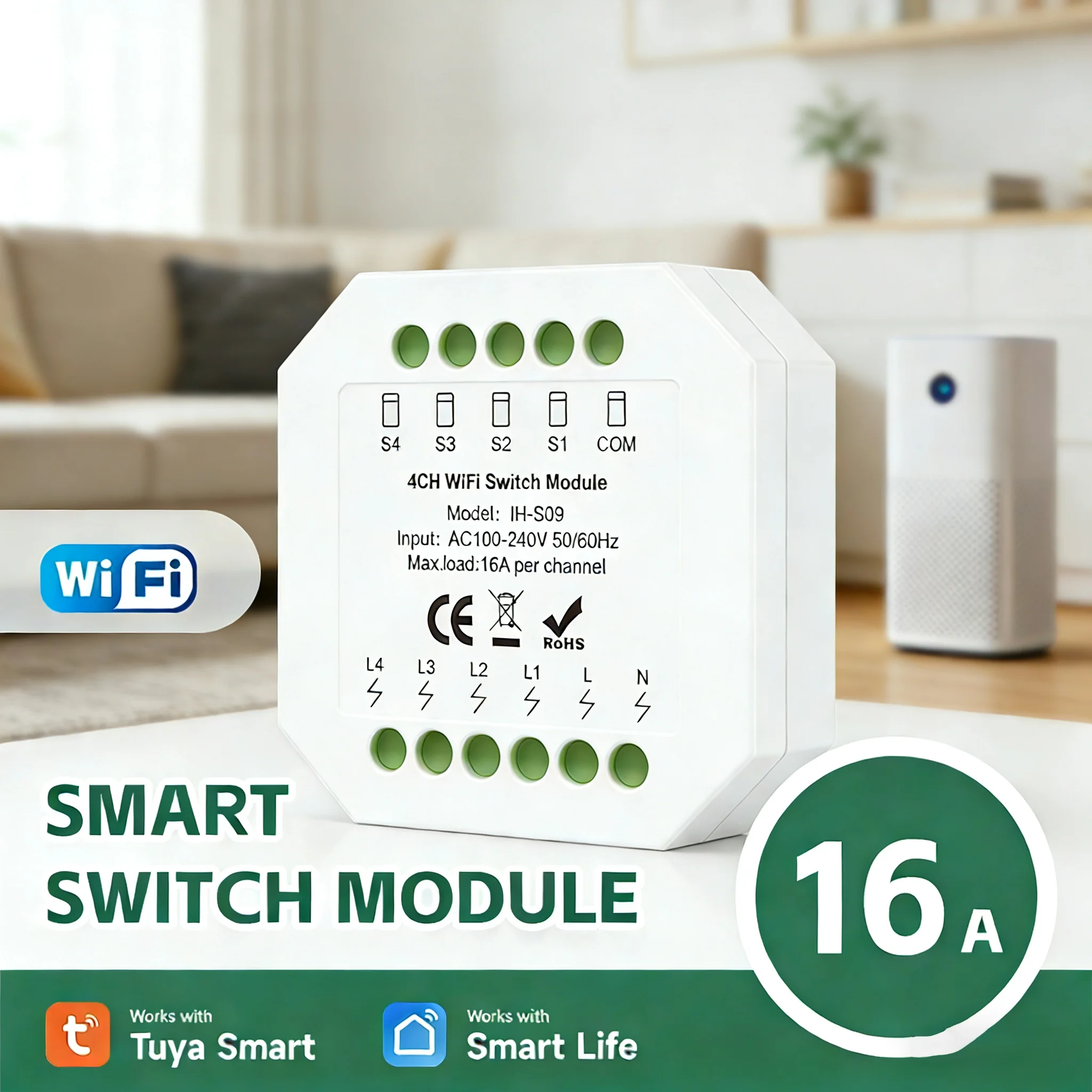 IH-S09 Tuya 4CH WiFi Smart Switch Module 16A AC100-240V Works with Smart Life Alexa Google with Voice Control