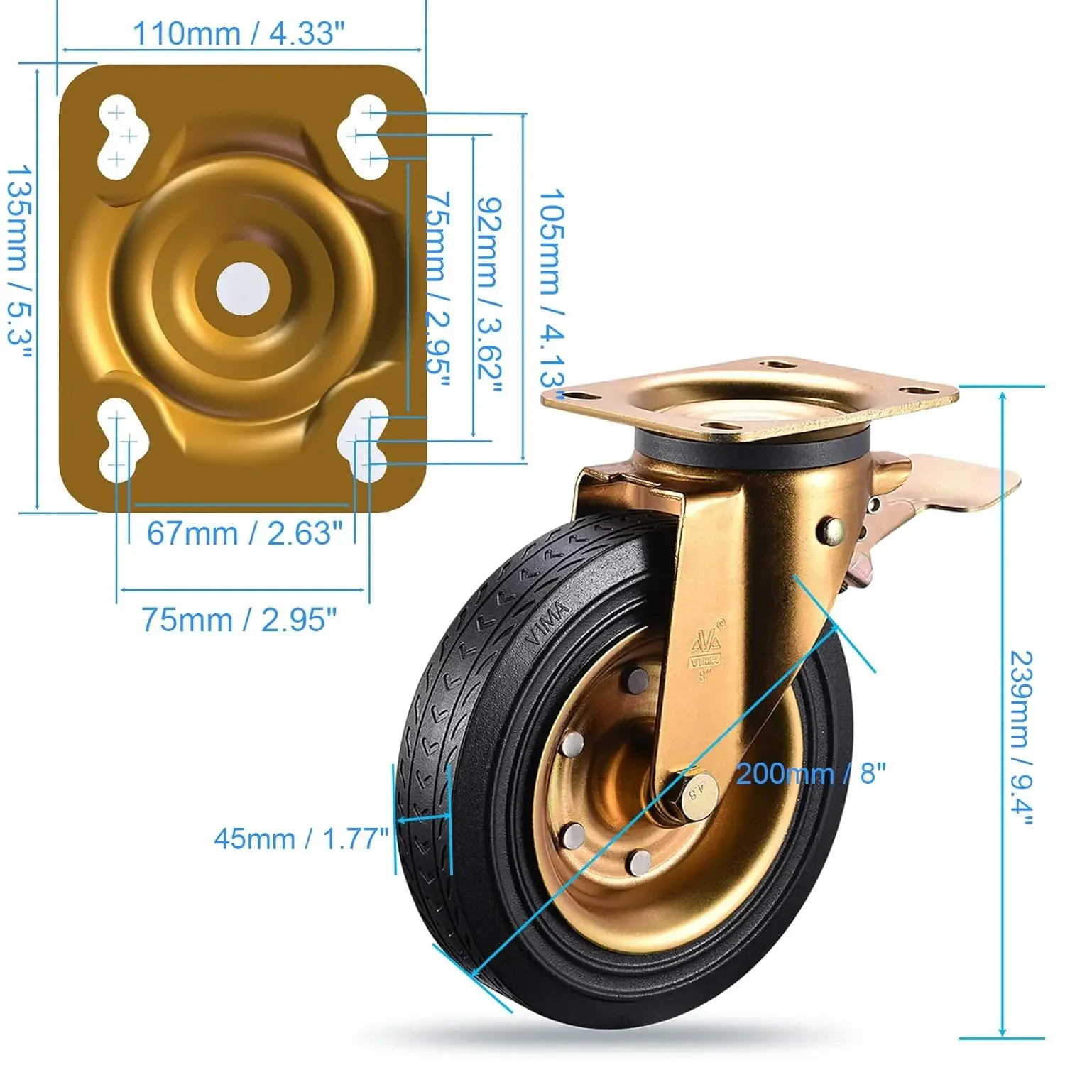 Set of 4 Heavy Duty Plate Casters 8 Inch Swivel Industrial Rubber Wheels for Cart Furniture and Workbench Locking Outdoor Dolly