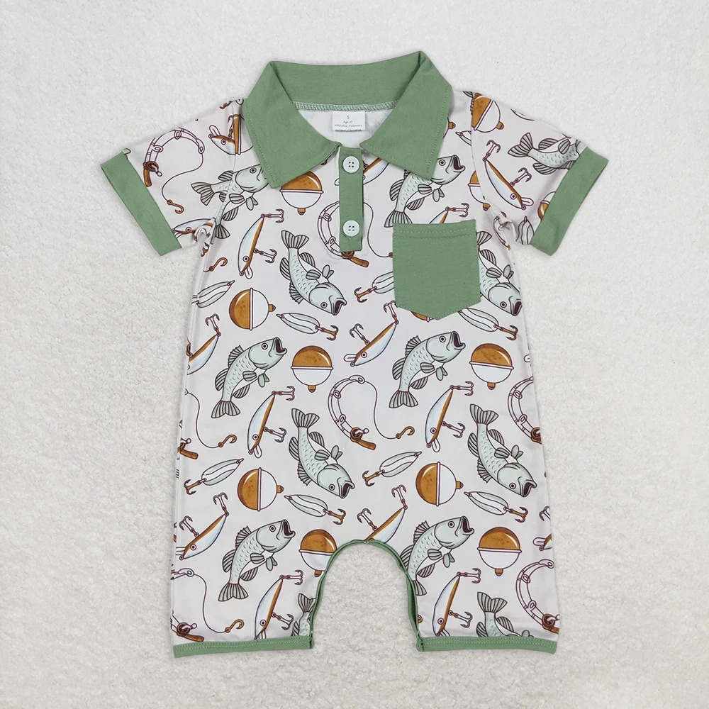 

Infant Boys Fishing Themed Short Sleeve Romper with Pocket Baby Polo Outfit for Toddlers