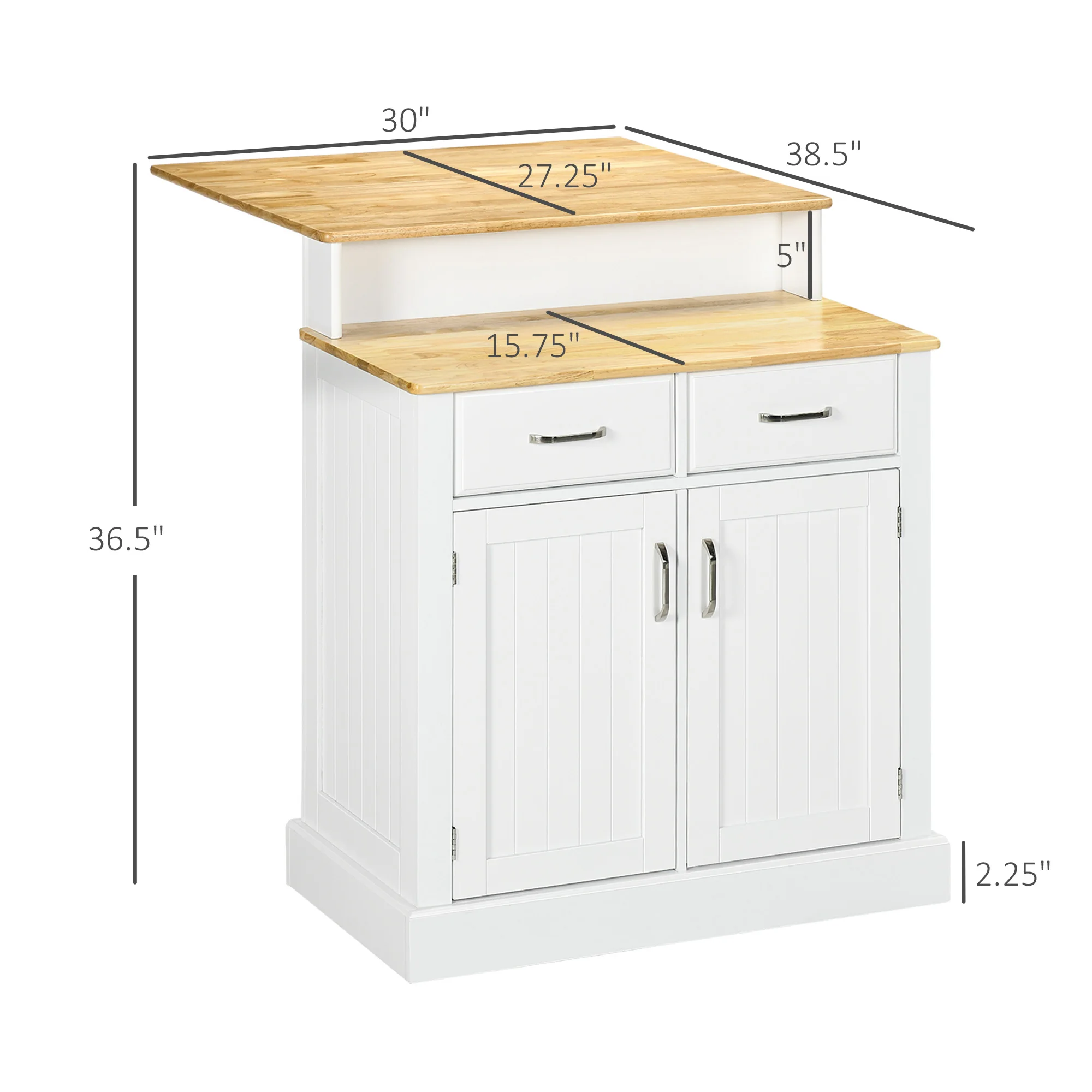 2-Level Kitchen Island with Storage Cabinet, Butcher Block Countertop, Drawers